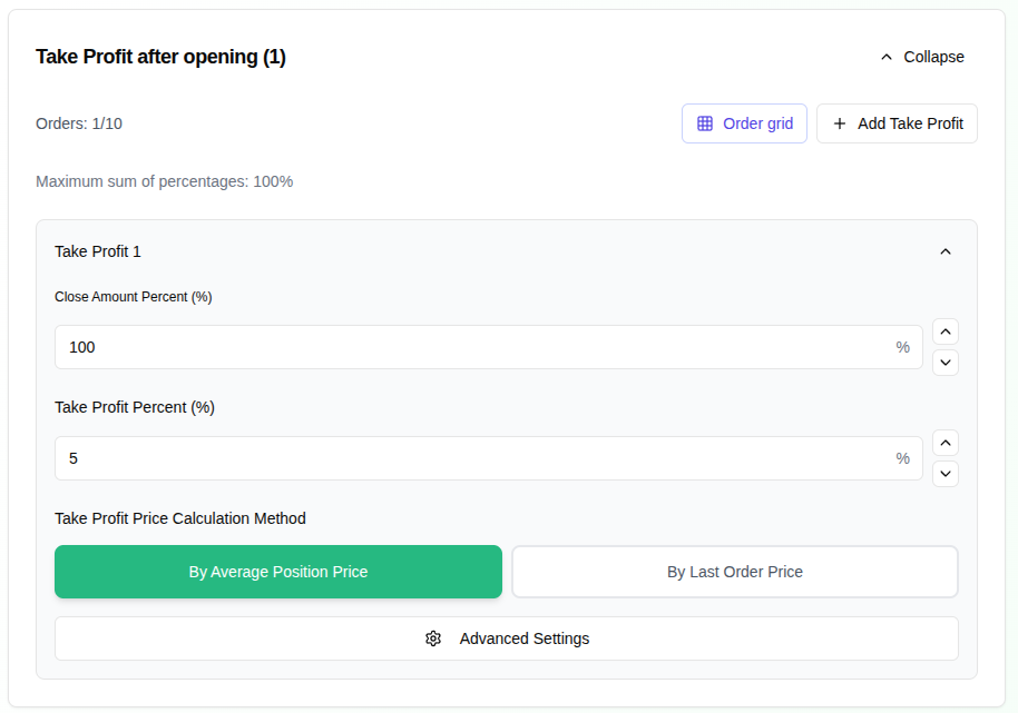 Настройки тейк-профита